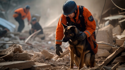 Brave Canine Rescuers: Search and Rescue Dog and Guide Scouring Rubble of an Earthquake-Damaged Home, Generative AI