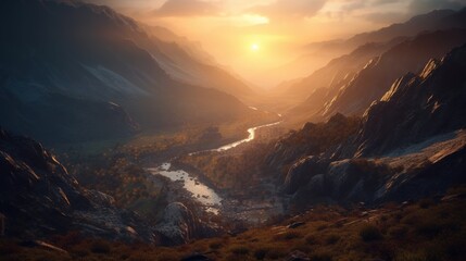 Beautiful sunrise in the mountains. Generative AI