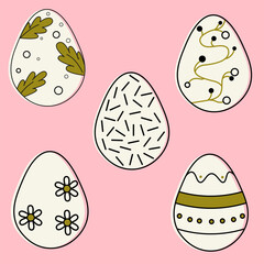 Chicken eggs with different ornaments in the same style. The holiday of Easter in the spring. Vector image of objects. 