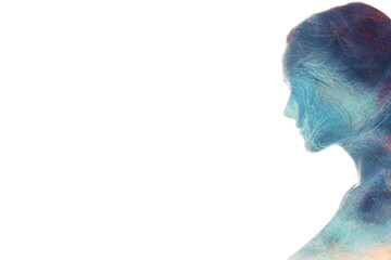 Spiritual aura. Enlightenment energy. Double exposure blue purple color glowing mist peaceful woman face profile silhouette on white empty space background.