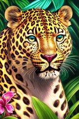 Leopard, tropical flowers, generative ai art illustration 01