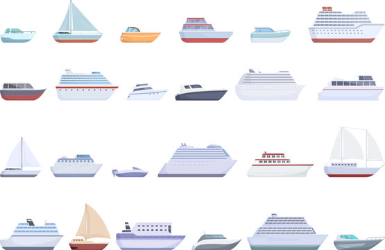 Travel by ship icons set cartoon vector. Sea boat. Ferry cruise