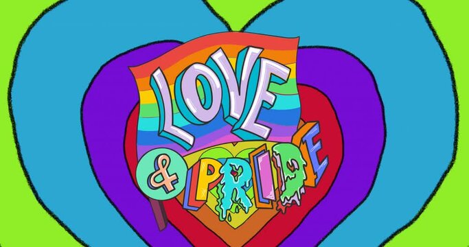 Animation of love and pride text and rainbow hearts