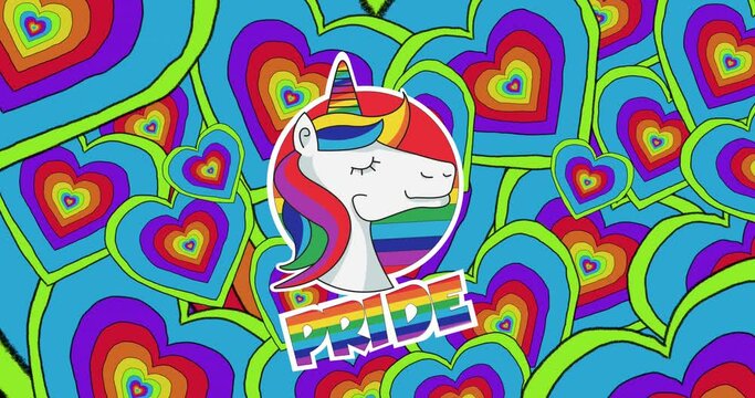 Animation of pride text, unicorn and rainbow hearts