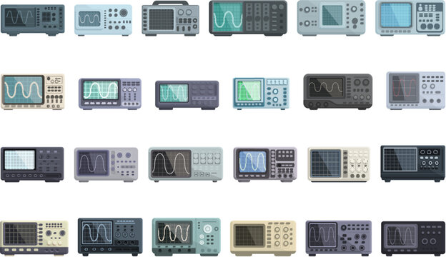 Oscillograph icons set cartoon vector. Circuit spectrum. Digital wave