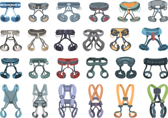 Climbing harness icons set cartoon vector. Gear equipment. Rock tool - obrazy, fototapety, plakaty