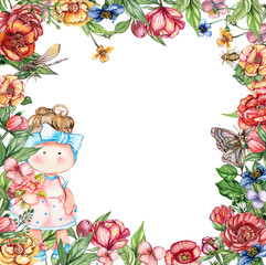 Fototapeta premium Watercolor square flower frame in cartoon style with a cute girl doll in a dress. Cartoon hand drawn background with flower princess and yellow flowers for kids design. Perfect for wedding invitation.