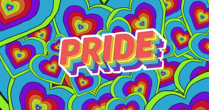 Animation of pride text and rainbow hearts