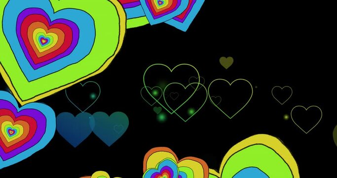 Animation of rainbow hearts over black background