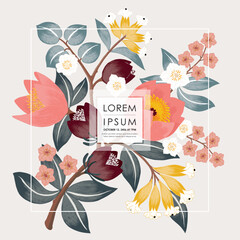 Vector illustration of a floral frame decorated with April flowers.  	