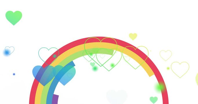 Animation of rainbow hearts over rainbow on white background