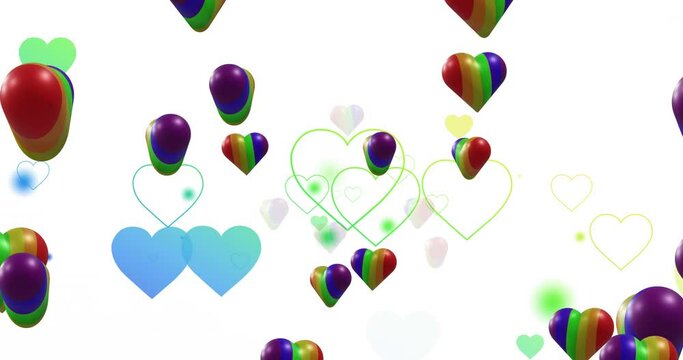 Animation of rainbow hearts over white background
