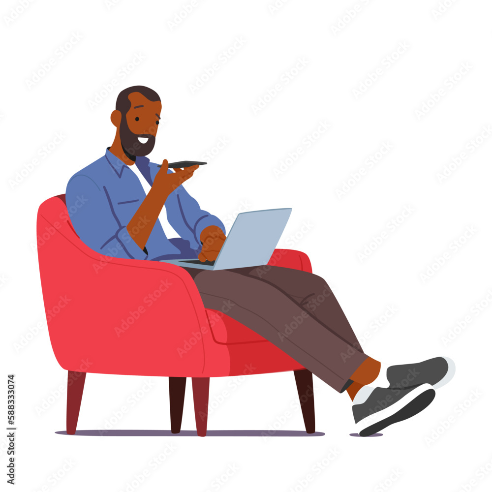 Poster man character using chat bot service on his smartphone and laptop while sitting on an armchair. arti
