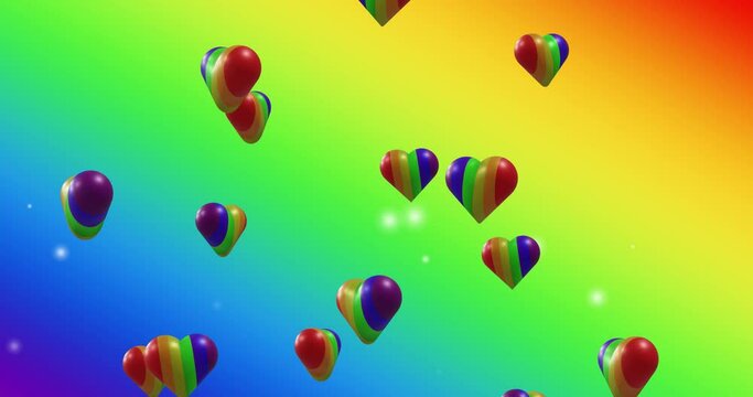 Animation of rainbow hearts over rainbow background