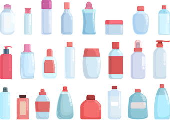 Micellar water icons set cartoon vector. Beauty makeup. Bottle container
