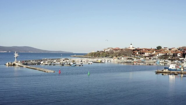 Nesebar fishing harbour Black Sea holiday destination, drone track shot