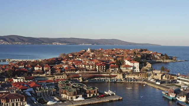 Nesebar, Black Sea peninsula, flight over old town fishing boat harbour