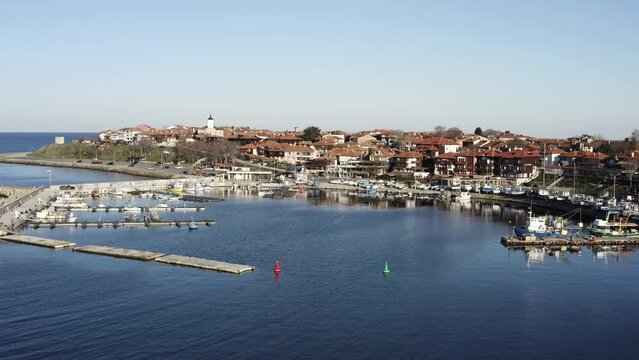 Nesebar, Black Sea holiday destination drone flight over ancient town Bulgaria