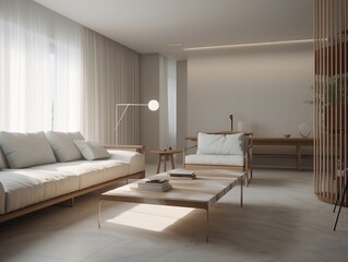 Naklejka na ściany i meble Diaphanous Interior design of modern apartment, living room with sofa and coffee tables 3d rendering, Alvaro Siza Vieira style. Created using generative AI.