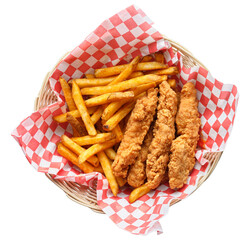 fried chicken tenders and french fries in basket isolated and shot top down with transparency - 588333677