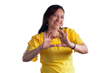 Heartfelt Smile: Mature Latina Woman Forms Heart with Hands