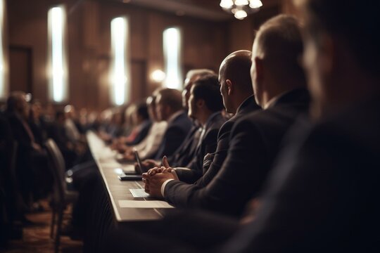 A conference with industry leaders, bokeh, Non-existent person in generative AI digital illustration, Generative AI