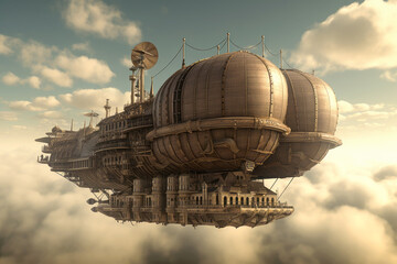 Fantasy airship in steampunk style flies through the sky with clouds.