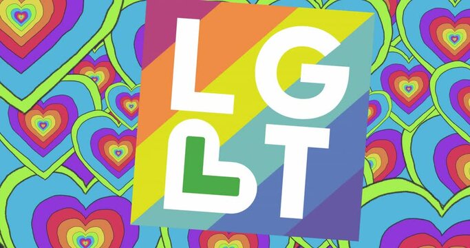 Animation of lgbt text and rainbow hearts