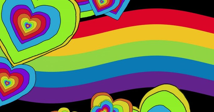 Animation of rainbow hearts over rainbow background