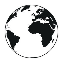 Earth globe - world map with continents on planet Earth, black and white vector illustration