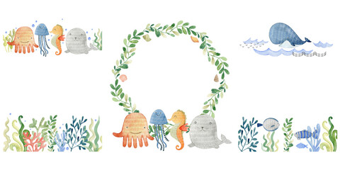 Fototapeta premium Baby shower card. 3 Watercolor frames with sea animals.