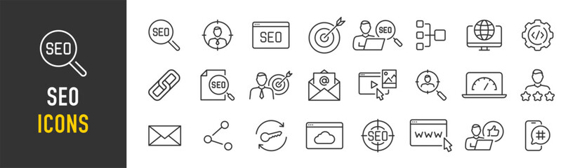 SEO web icons in line style. Contact, target, business and marketing, traffic, ranking, optimization, website collection. Vector illustration.