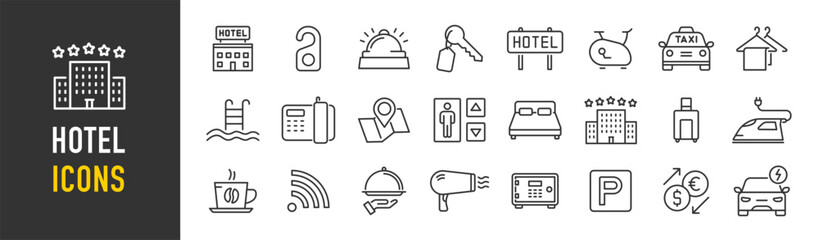 Hotel and apartament web icons in line style. Rental, reservation, hotel booking, room, parking, travel, service, airport, collection. Vector illustration.