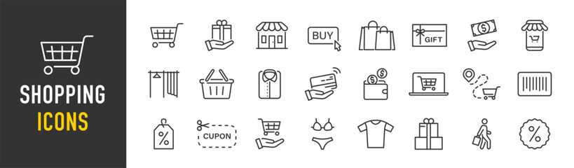 Shopping web icons in line style. Online shop, digital marketing, delivery, coupon, discount, bank card, gift, shop collection. Vector illustration.