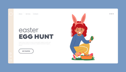 Easter Egg Hunt Landing Page Template. Girl With Rabbit Ears Happily Picking Colorful Easter Eggs From The Grass