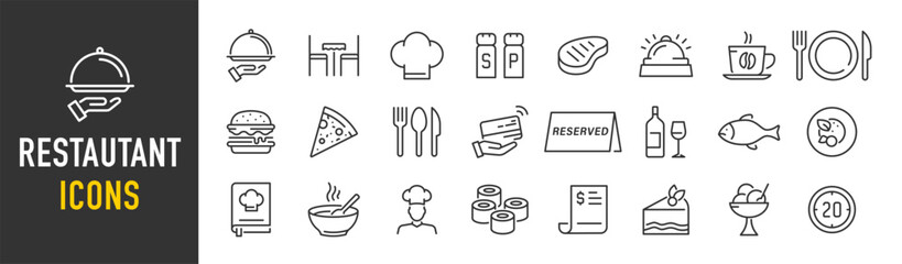 Restaurant web icons in line style. Food, meal, fish, delivery, cooking, fast food, collection. Vector illustration.