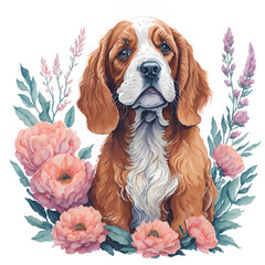 English Cocker Spaniel and flowers on white background