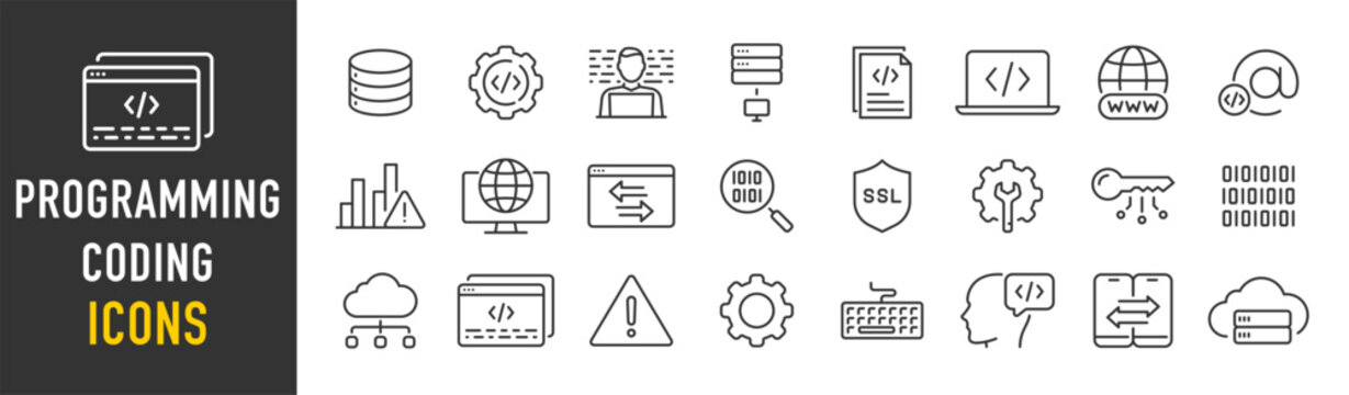 Programming and coding web icons in line style. Information technology, developer, idea, advertising, app, archive, collection. Vector illustration.