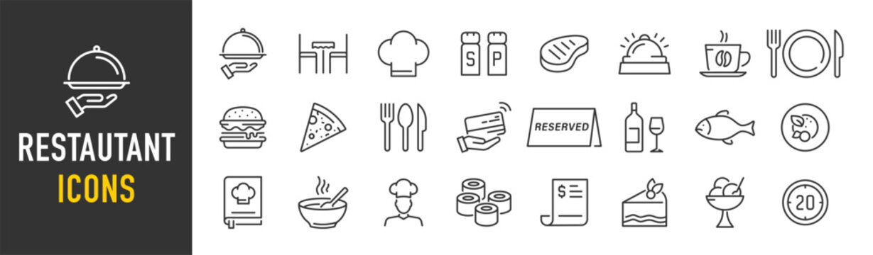 Restaurant web icons in line style. Food, meal, fish, delivery, cooking, fast food, collection. Vector illustration.