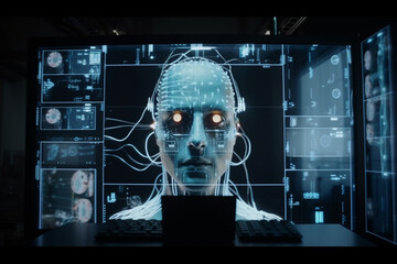 Ai face. Artificial intelligence face. Digital face or skull. Generative AI illustration