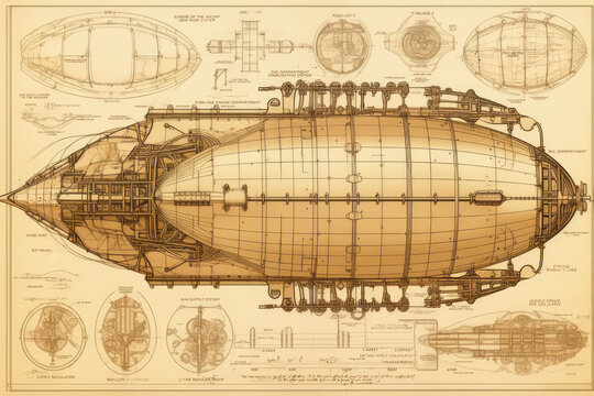 Fantastic steampunk airship. An old drawing of airship units and assemblies on old yellowed paper.