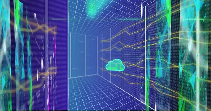 Animation of clouds, data processing and connections over computer servers