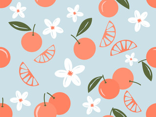 Seamless pattern with orange fruit and little flowers on blue background vector illustration. Cute fruit print. - obrazy, fototapety, plakaty