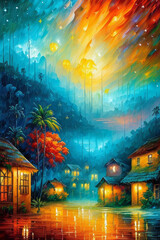 Tropical Village, palms, colofful landscape, generative ai art illustration 13
