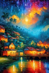 Fototapeta na wymiar Tropical Village, palms, colofful landscape, generative ai art illustration 05