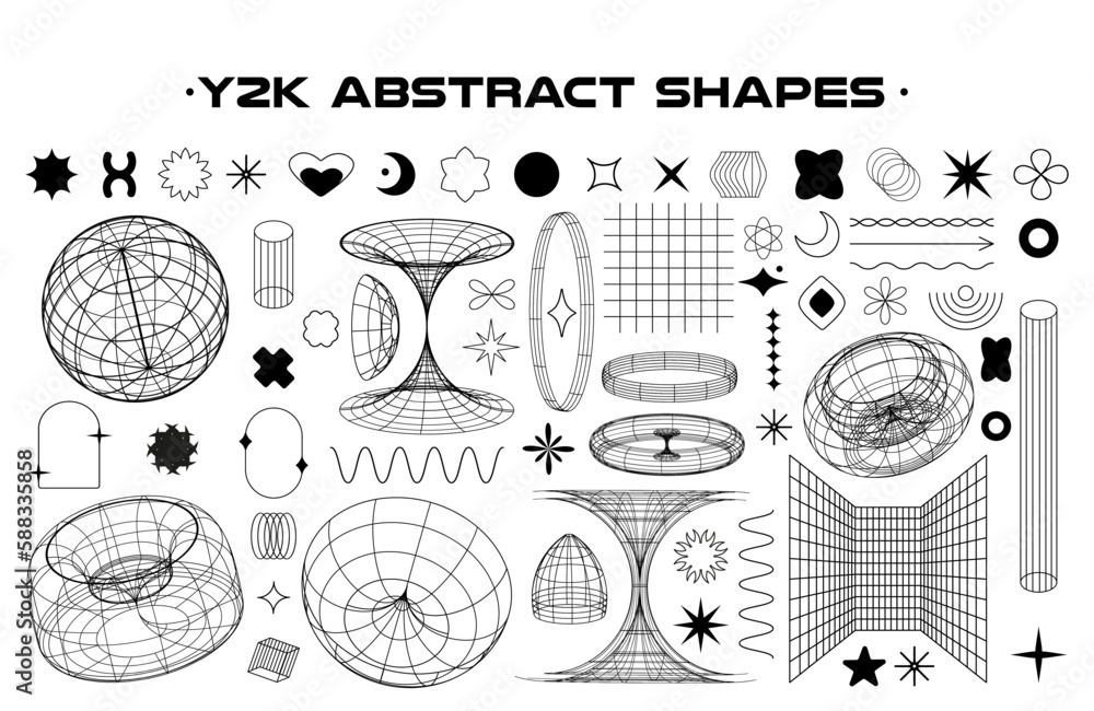 Aufkleber Abstract y2k geometric shapes and wireframe model isolated on white background. Set of Black and white retro line aesthetic design elements. Vector illustration on transparent background.