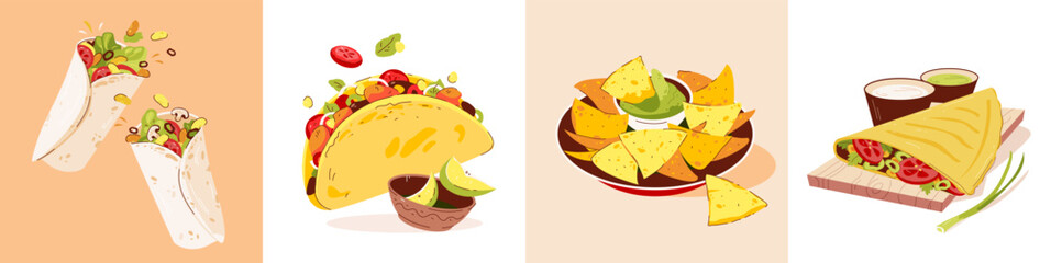 Mexican food set. Mexican cuisine with various dishes. Vector flat illustration