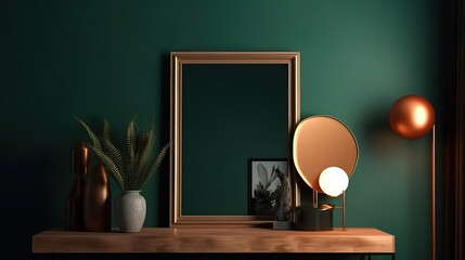 Frame mockup in dark green home interior, 3d render. Generative Ai