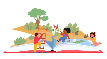 Kids Immersed In A Book Of A Vast, Imaginative World. They Explore The Pages And Let Their Minds Run Wild, Wonder