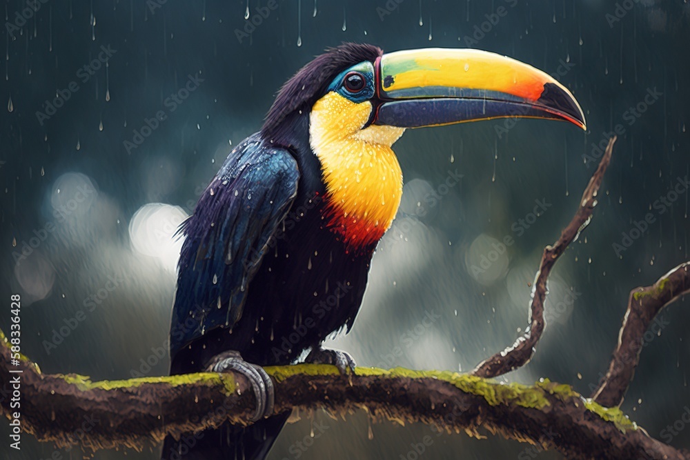 Poster a solitary toucan, its bright beak the only source of brightness in an otherwise dreary setting gene